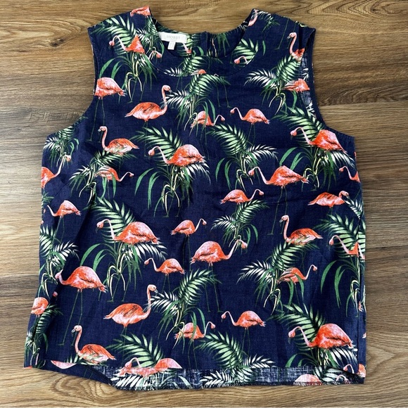 Hobbs Womens Linen Vest Top UK 10 US 6 Flamingo Tropical Button Back Shirt Tank - Picture 1 of 9